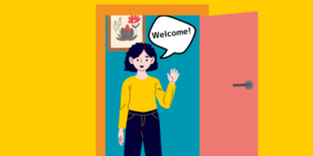 Bunte Grafik, auf der eine Person in einer Türe steht und Welcome sagt.