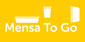 Symbolgrafik: Piktogramm weisse Behälter auf gelbem Grund, Schriftzug Mensa To Go Symbolgrafik: Piktogramm weisse Behälter auf gelbem Grund, Schriftzug Mensa To Go