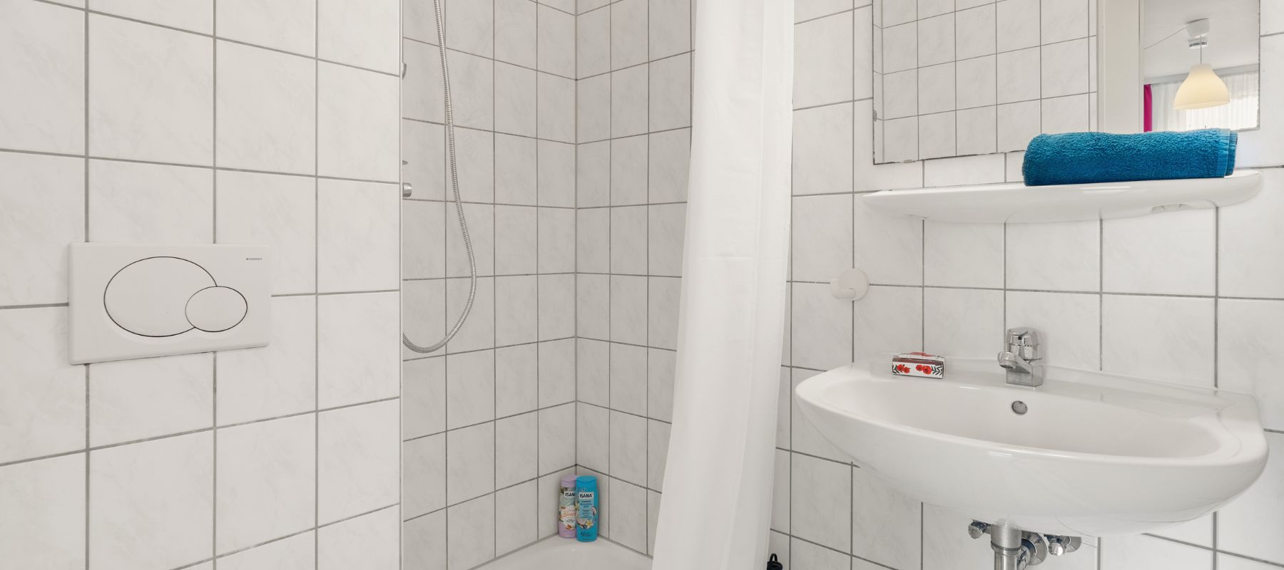 Ausschnitt des Badezimmers. Zu sehen sind Dusche und Waschbecken.